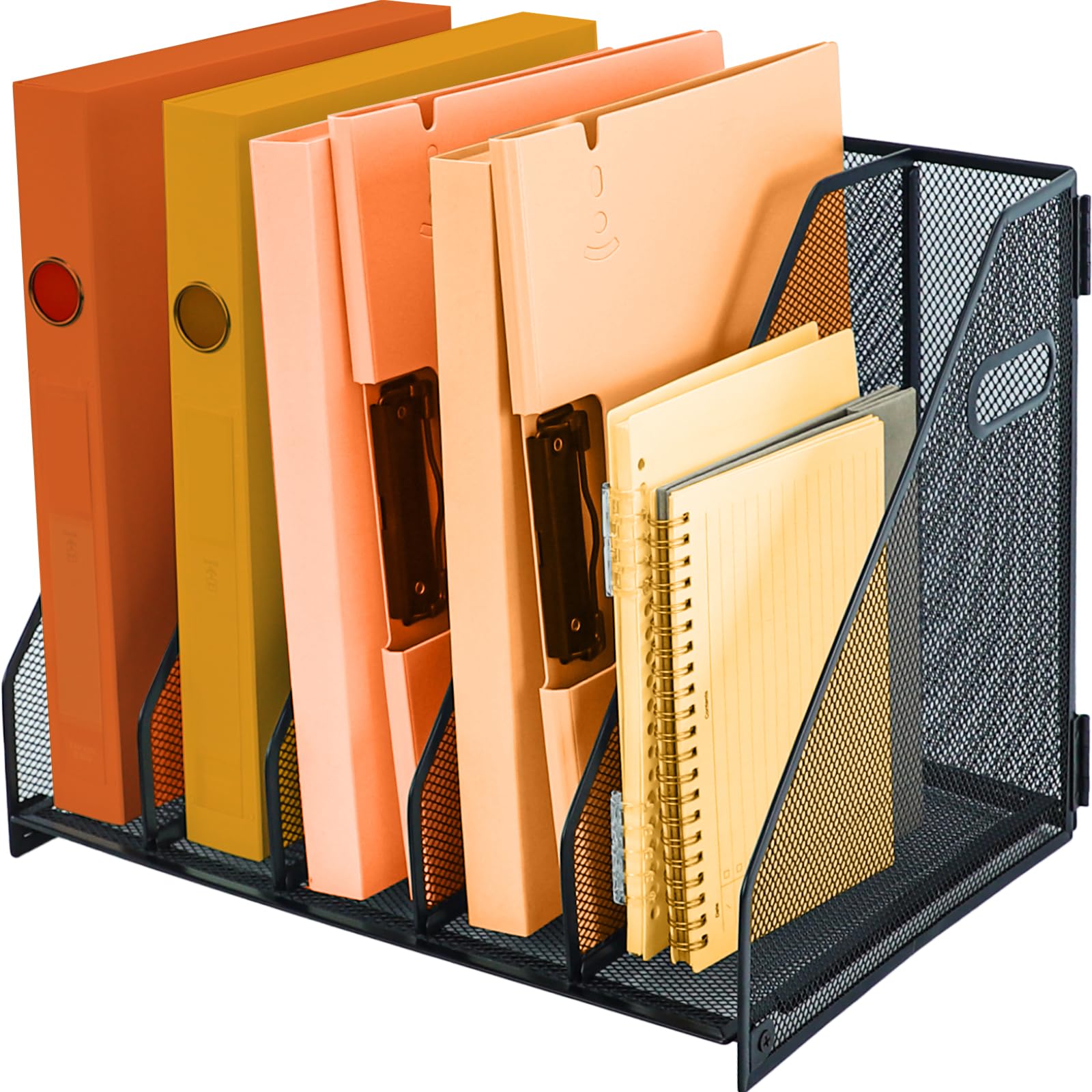 PLSOPPKG Metal Magazine File Holder Office Desk Tidy Folder Organiser With 5 Vertical Compartments，Metal File Storage Folder Document Rack For Office School Home (Black)