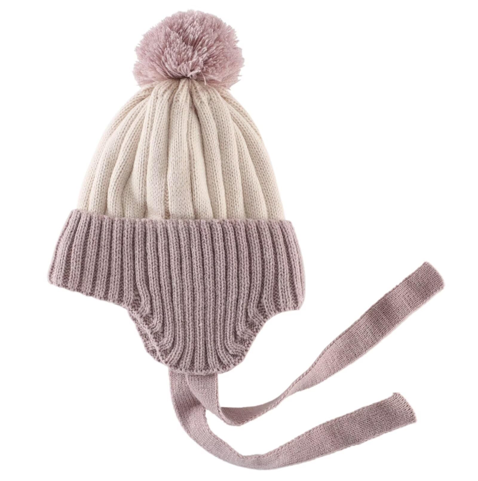 Connectyle Toddler Girls Pom Pom Beanie Hat with Ear Flaps Warm Caps Fleece Lined Knit Kids Winter Hat Beige+Purple S