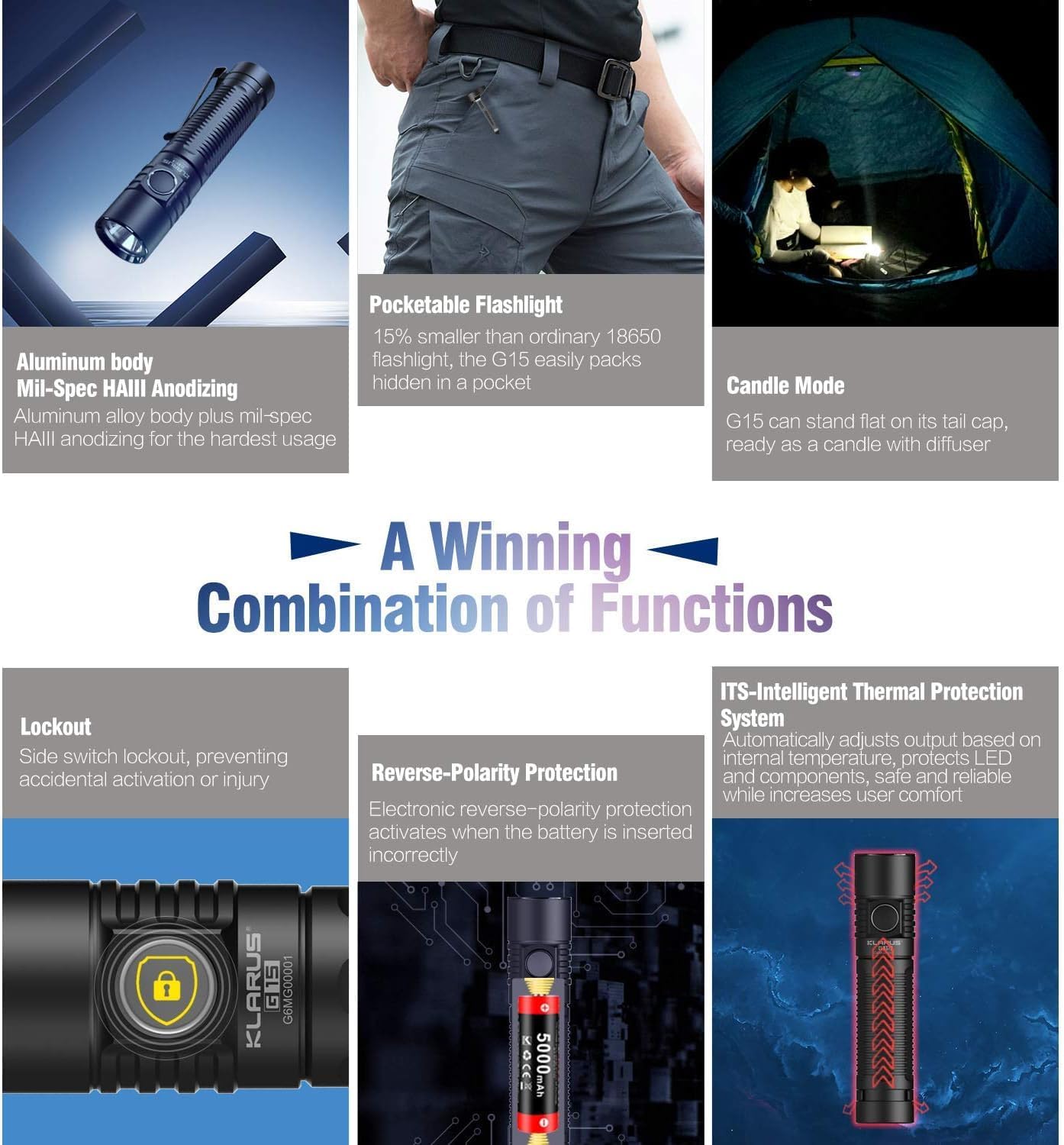 KLARUS G15 flashlight standing upright on its tailcap, demonstrating its use as a candle light.