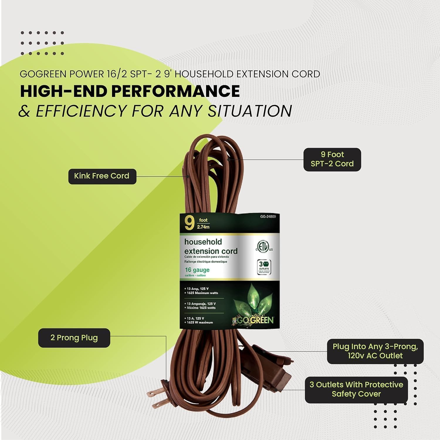 GoGreen Power Inc. (G-24809-5) 16/2 9' Household Extension Cord, 3 Outlets, Brown, 9ft, 5 Pack