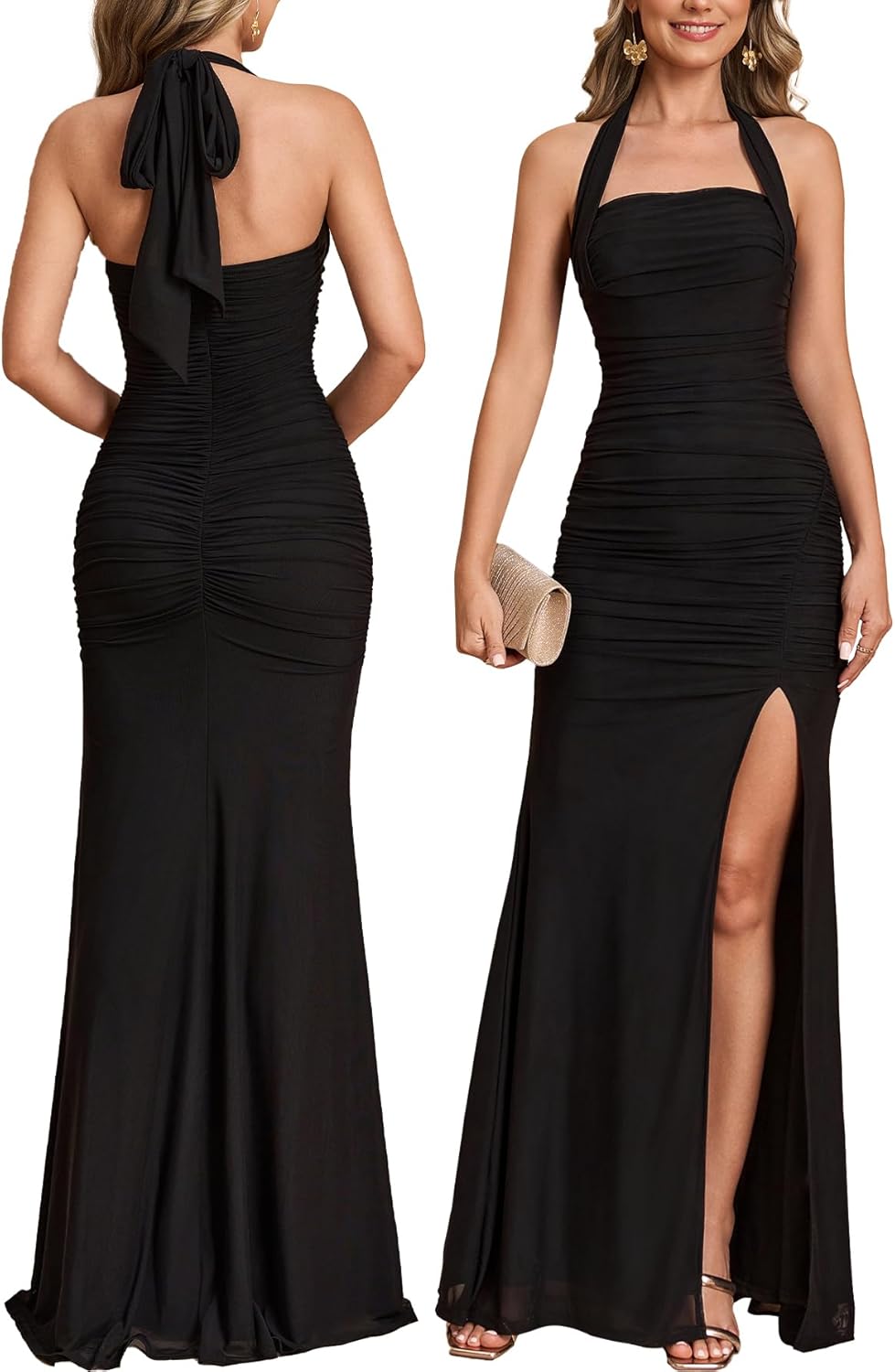 Women Bodycon Maxi Dress High Slit Halter Tie Ruched Long Formal Cocktail Wedding Guest Dresses