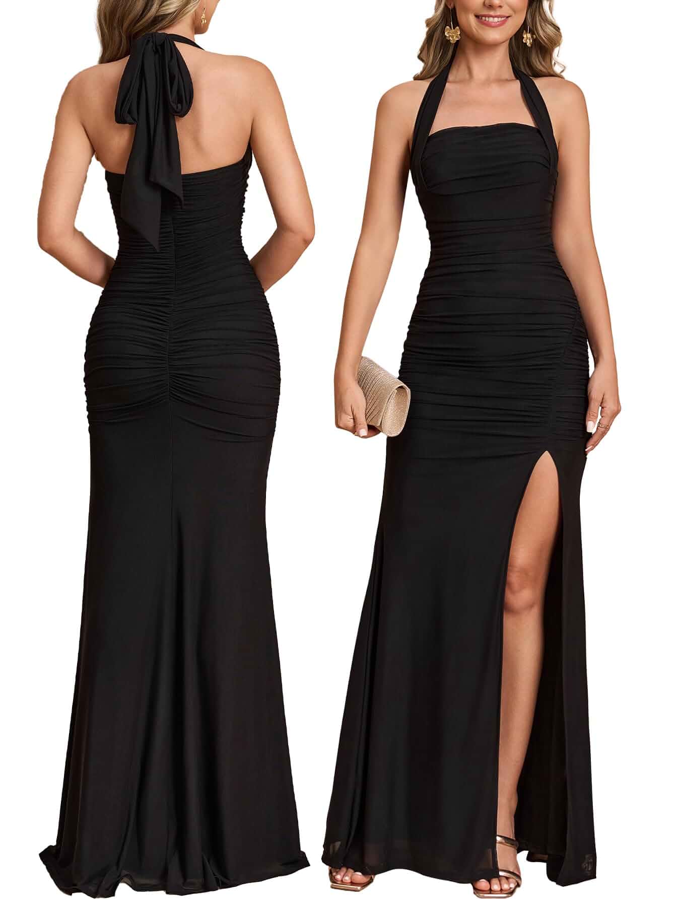 Women Halter Tie High Slit Wedding Guest Maxi Dress Bodycon Ruched, Long Formal Cocktail Party Bridesmaid, Elegant Dresses for Evening Bridal Shower Prom, 2026 Fall Outfits