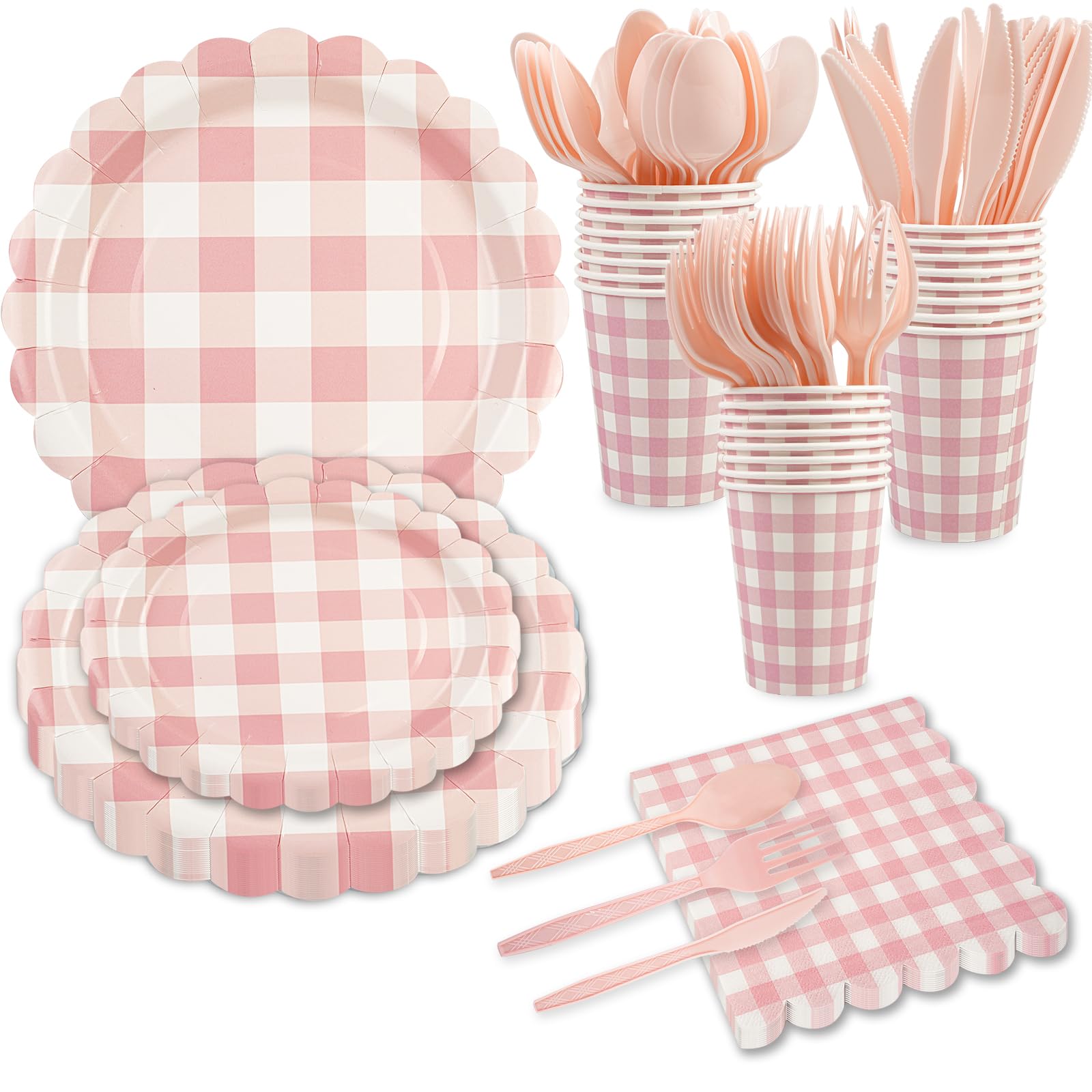 168Pcs Light Pink Gingham Party Supplies - Pink Scalloped Paper Plates and Napkins Set Thick Checkered Plates Disposable Plaid Dinner Party Cutlery for Halloween Baby Shower Wedding, Serve 24