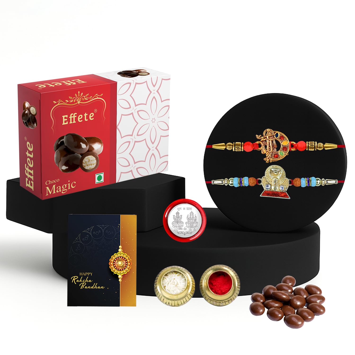 DeoDap Chocolate with Rakhi Set for Brother - Lord Krishna & Shivling Design Rakhi Set of 2 with Choco Magic (32 GM), Silver Colour Coin & Greeting Card, Traditional Raksha Bandhan Combo for Bhai-image-27