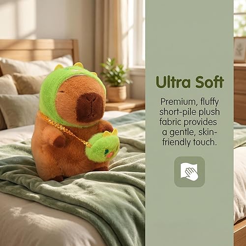 Miniatura 5 de Muñeca de peluche suave de Capibara, juguetes de peluche de Capibara con sombrero de dinosaurio y bolso, muñeca acogedora, regalo para niños y