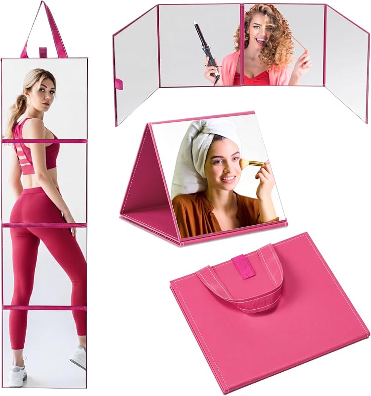 Espelho dobrável de 3 vias Burbell para corpo inteiro, portátil, Rosa-choque