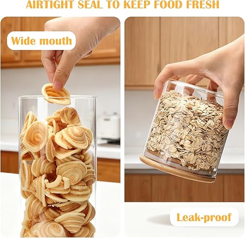 Miniatura 5 de Juego de 5 tarros de vidrio herméticos con tapas de bambú, juego de 5 recipientes de cocina para azúcar, dulces, galletas, arroz y especias