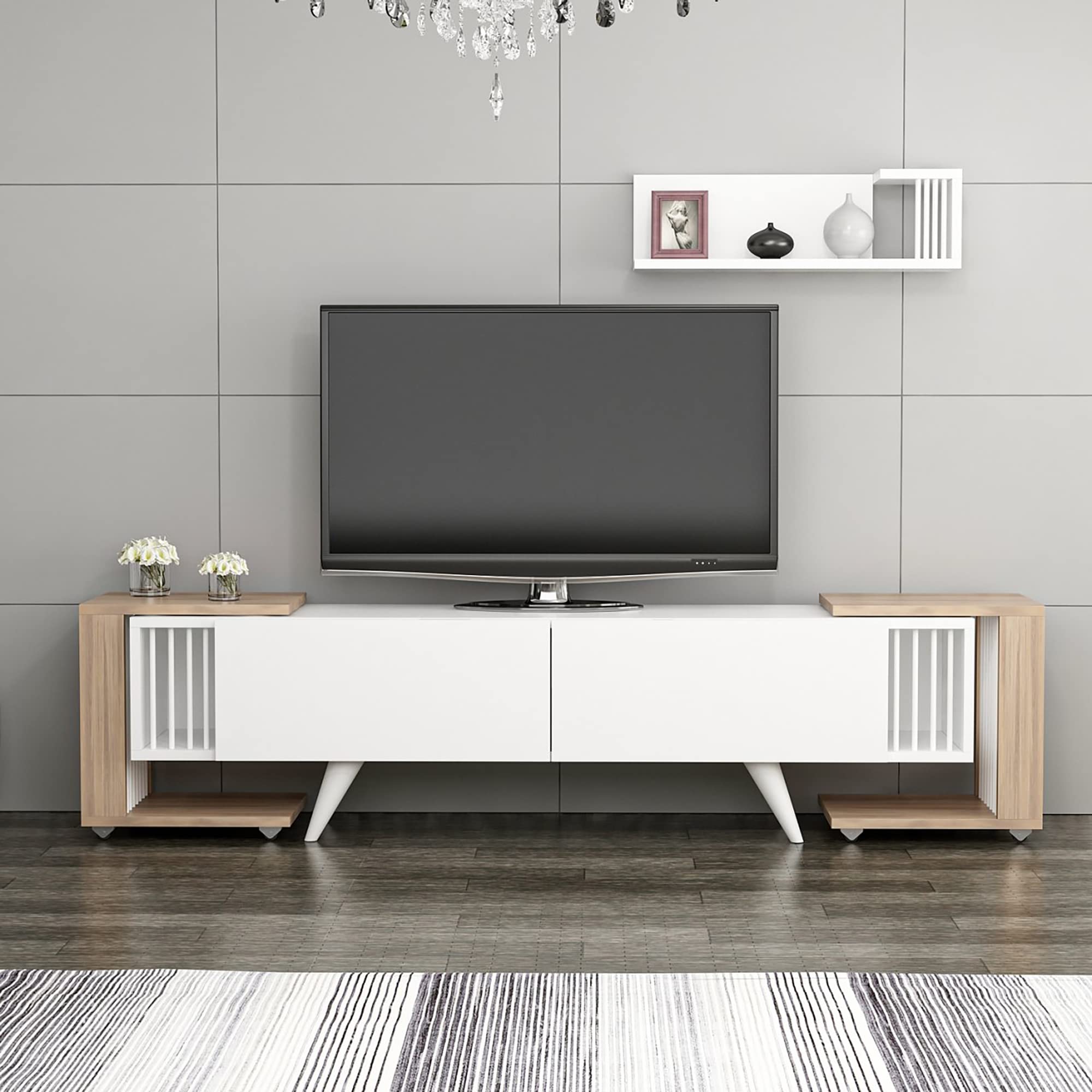 [en.casa] Set di Mobili da Soggiorno Composto di Mensola da Muro, Mobile Porta TV con Ante a Ribalta e 2 Tavolini Laterali - Rovere/Bianco