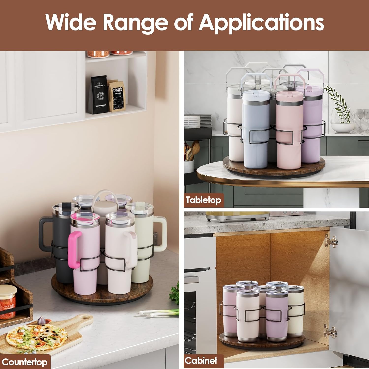 Water Bottle Organizer for Stanley 20/30/40oz, Rotating Cup Holder, Bottle Storage for Simple Modern Owala Yeti, Tumbler Lazy Susan, Vintage Brown