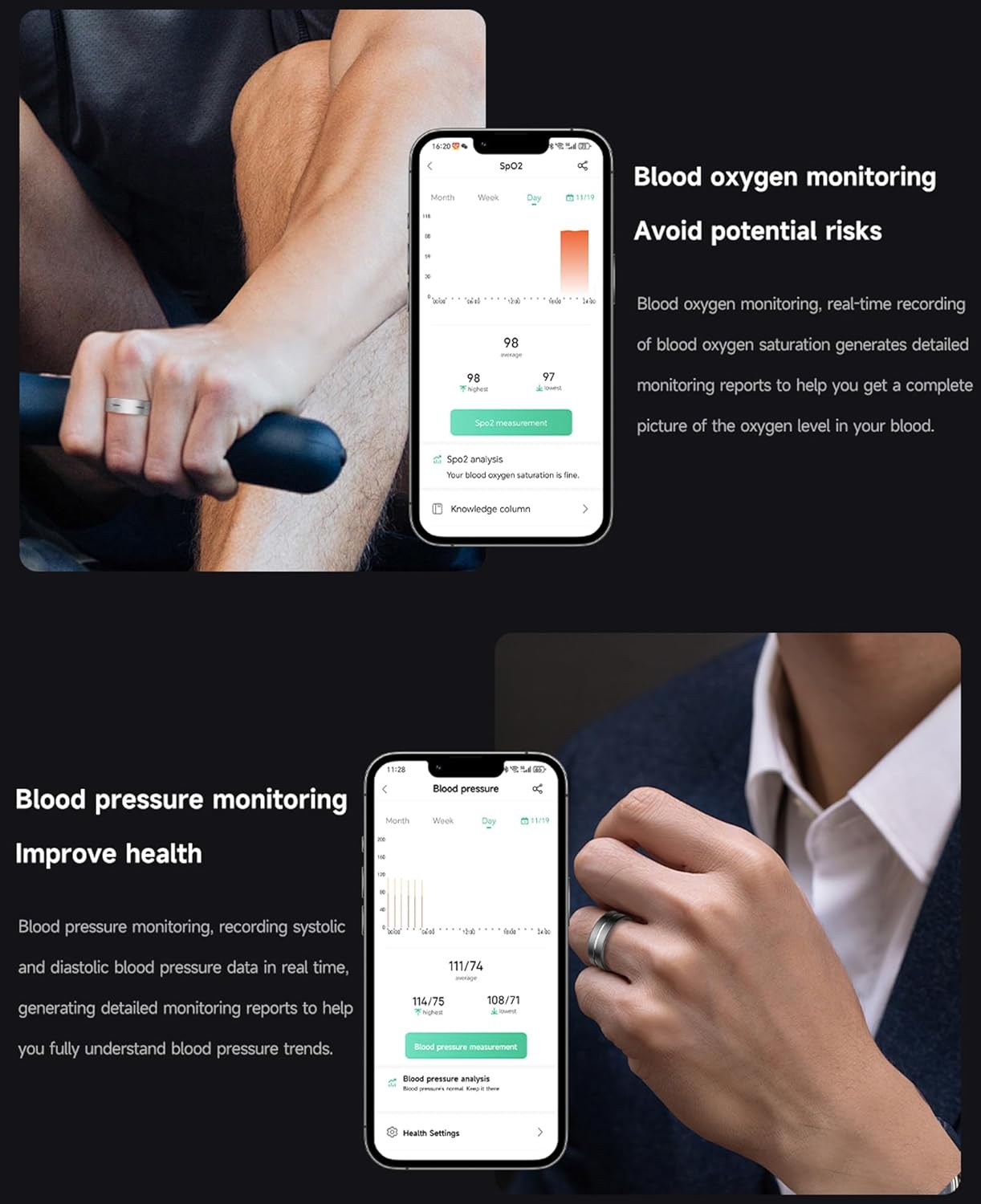 Image showing a person exercising with a smart ring, and a smartphone app displaying blood oxygen saturation (SpO2) levels.