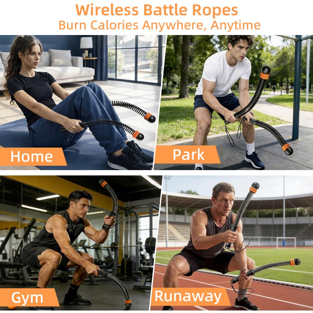 2 cuerdas de batalla sin cuerda para entrenamiento HIIT, cardio, fuerza y bajo impacto, equipo portátil de gimnasio en casa, mango antideslizante, cuerdas de batalla inalámbricas para hombres y