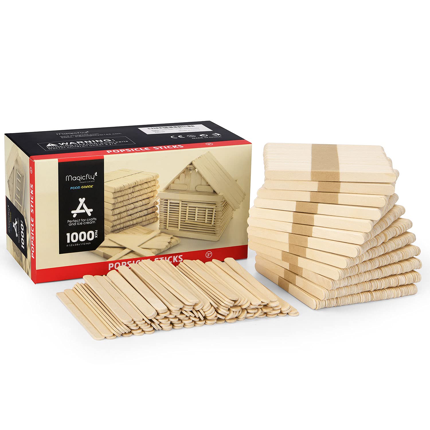 Magicfly 1000pcs Popsicle Sticks Natural Wooden Food Grade Craft Sticks 4-1 2 Inch Great Bulk Ice Cream Sticks