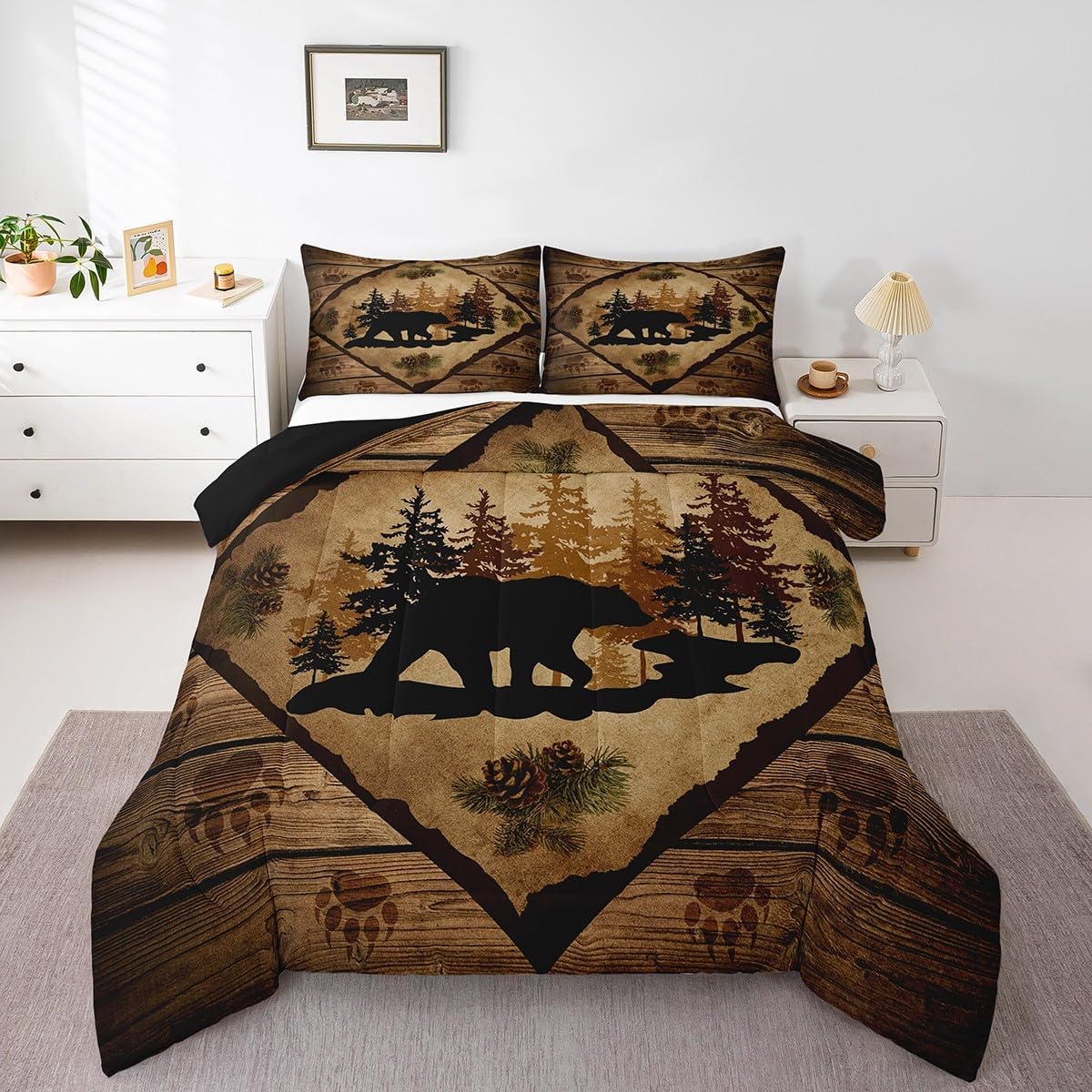 Lodge Cabin Bedding Set Queen Size 3 Pcs,Bear Wild Animal Silhouette Print Comforter Set for Kids Teens Adults,Jungle Pine Trees Brown Wooden Stripes Rustic Quilted Comforter with 2 Pillowcases