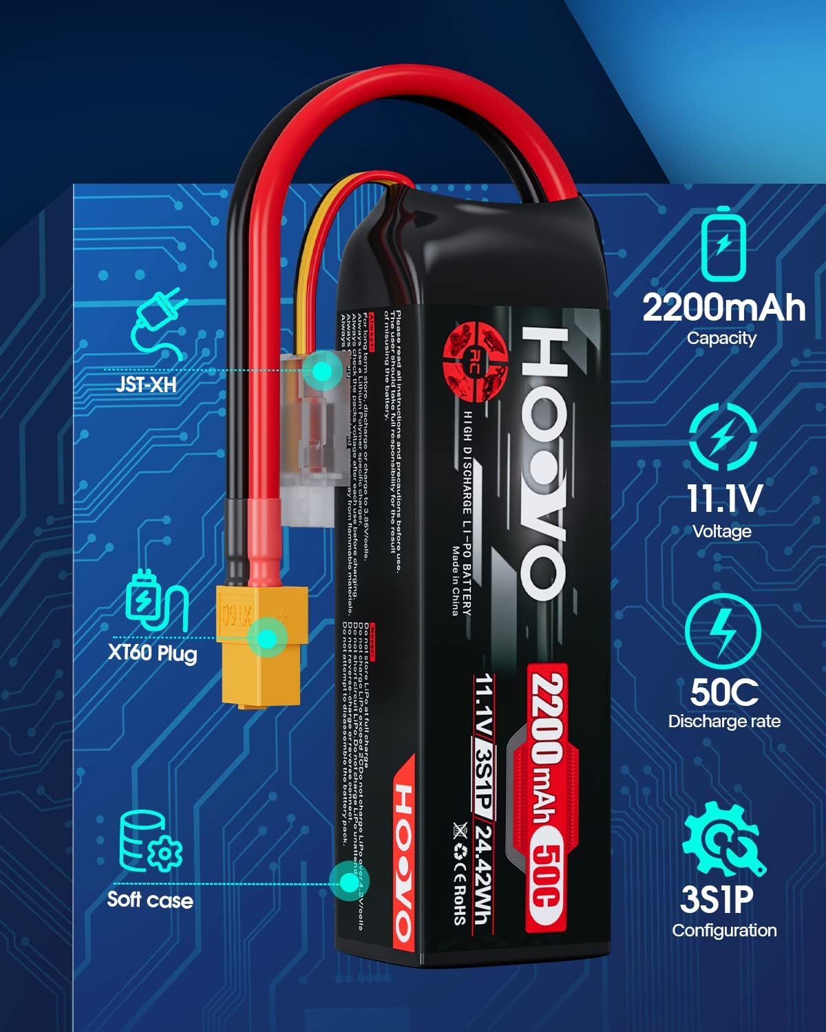 HOOVO 3S 11.1V 2200mAh 50C Lipo Battery with XT60 Connector for RC Helicopter Airplane Quadcopter UAV Drone FPV (2 Pack)