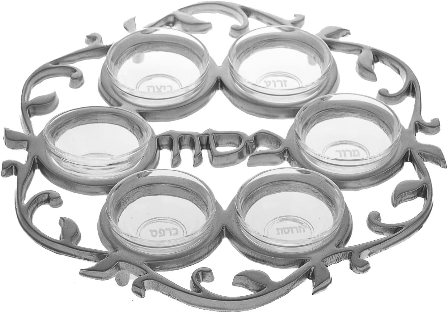 Metal Seder plate Silver with glass inserts - Passover round seder plate Artisanal design - Add elegance to your table - 12 inch by Legacy Judaica