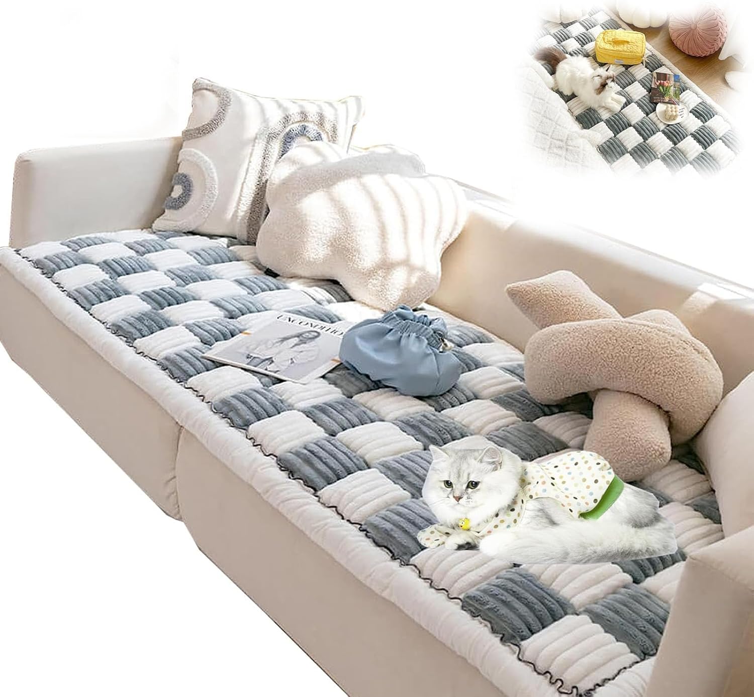 CreamColoured Large Plaid Square Pet Mat Bed Couch Cover, Pet Couch, Couch Dog Bed, Couch