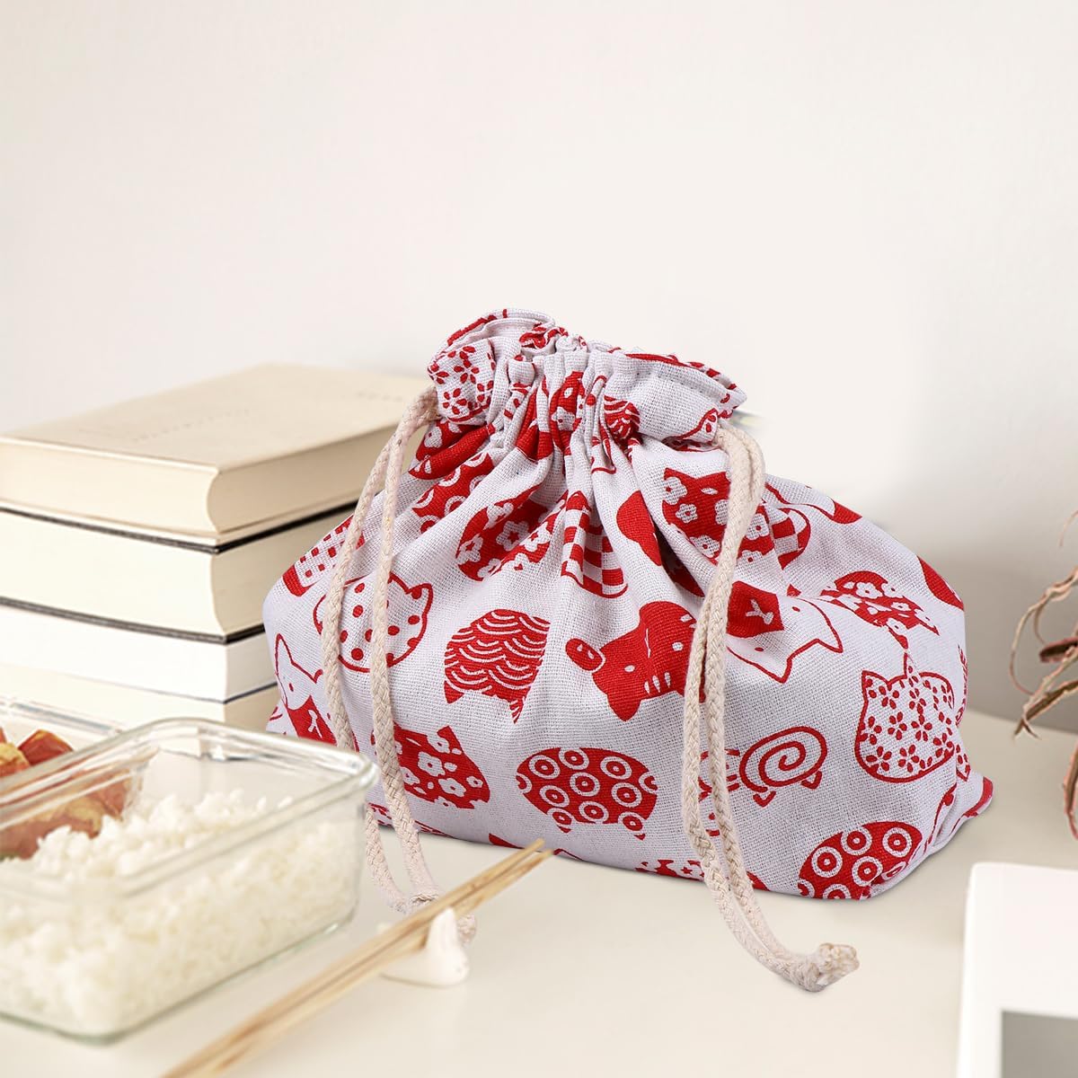 TOYANDONA Bento Box Drawstring Lunch Bag Double-Layer Thickened Japanese Style Bento Tote Pouch Candy Holder Pack for Home Wedding Birthday Party Red Anime Lunch Box - Image 6