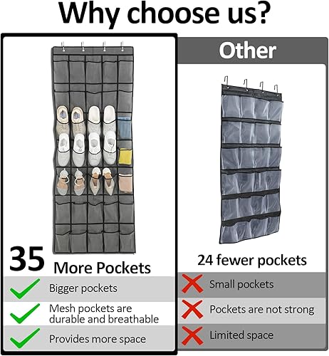 Miniatura 4 de Organizador de zapatos con 70 bolsillos para colocar sobre la puerta, bolsillos grandes de malla blanca transpirables, organizador de zapatos