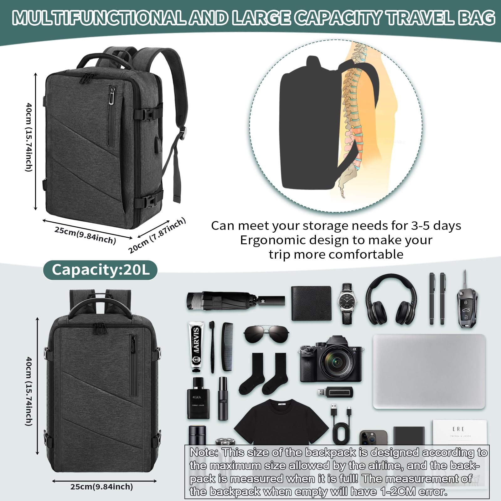 VOESLD Zaino per Ryanair 40x20x25, Zaino da Viaggio Aereo Bagaglio a Mano Porta PC Donna Uomo Grigio Scuro per Tutte le Principali Compagnie Aeree, 20L