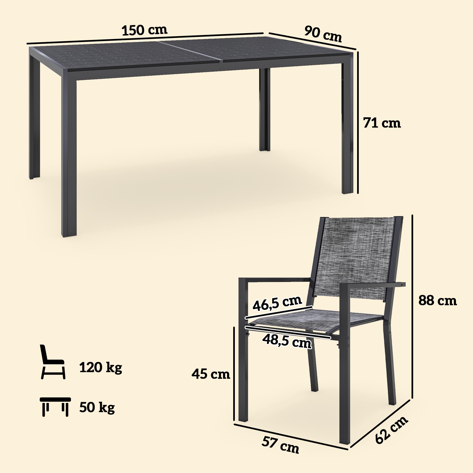 Outsunny Salon de Jardin extérieur 7 pièces, Table de Jardin extérieure avec 6 chaises empilables, Plateau à Lattes 150 cm, Structure en Acier Anti-Rouille, mobilier de Jardin, terrasse, Patio, Noir