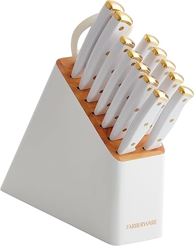 Farberware Juego de bloques de cuchillos con triple remache, 14 piezas, blanco y dorado