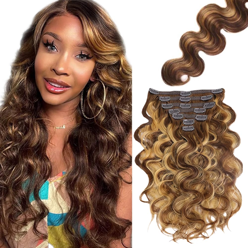 Photo 1 of 18 Inch P427 Blonde Clip in Hair Extensions,Soft Real Human Hair 120g 7pcs,Brazilian Remy Highlight Clip ins for Women,Brown Clip ins Silky Body Wave Hair Extensions