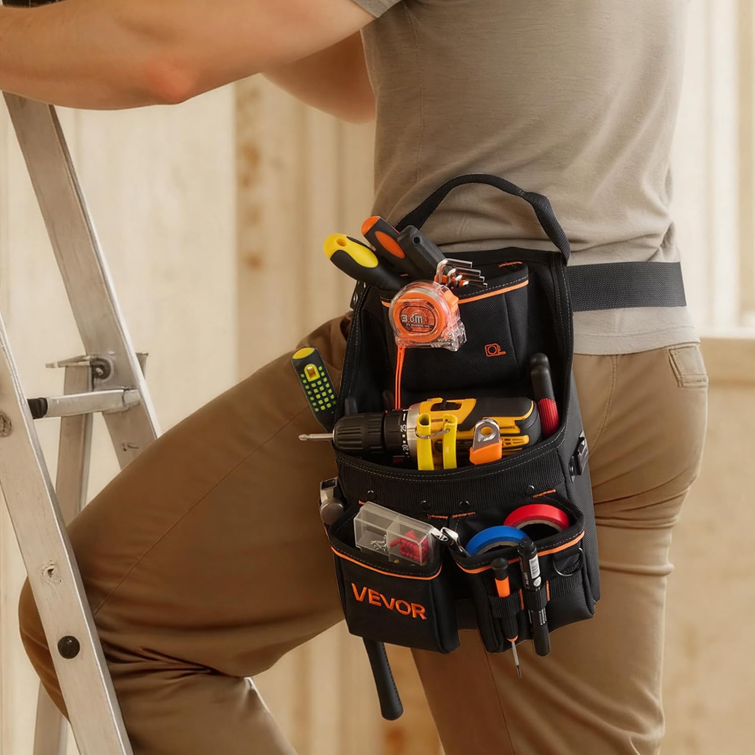 VEVOR Tool Pouch with Belt, 14 Pockets Professional Tool Belt Pouch for Men, Heavy Duty Detachable Adjustable Utility Work Bag for Electrician, Carpenter, Construction, Adjusts Waist 32 to 50 Inches