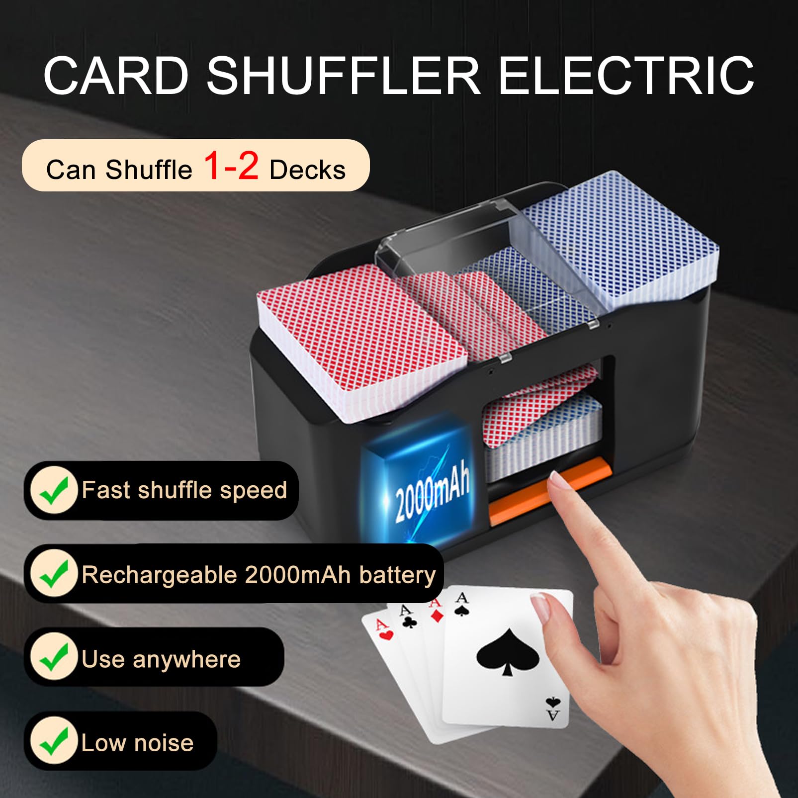 Elektryczna mikser kart, mikser do kart 1-2 płyt, akumulator 2000 mAh, do wielokrotnego ładowania, niski poziom hałasu, mikser kart do pokera UNO Blackjack Skip-BO Phase 10 Texas Hold'em