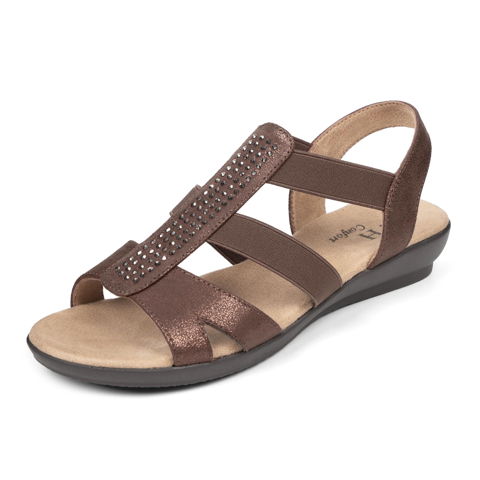 VJH confort Women's Comfort Flat Sandals Summer,with Rhinestone Open Toe Elastic Slip On Slingback Casual Walking Low Heele Sandals