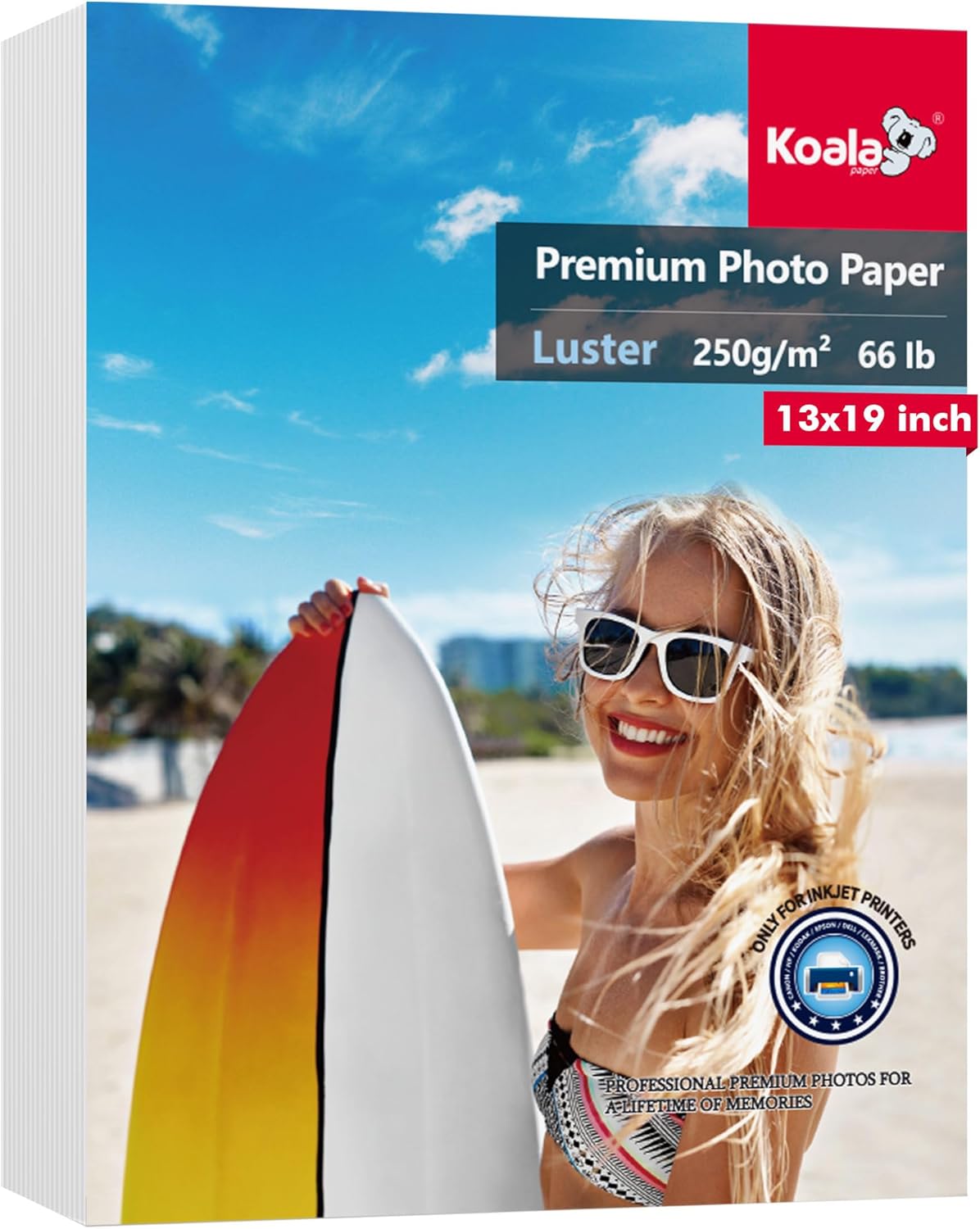 Koala Premium Photo Paper 13x19 In Luster Photo Printer Paper for Inkjet Printer Water-Resistant Soft Gloss 66lb 50 Sheets 13"x19"