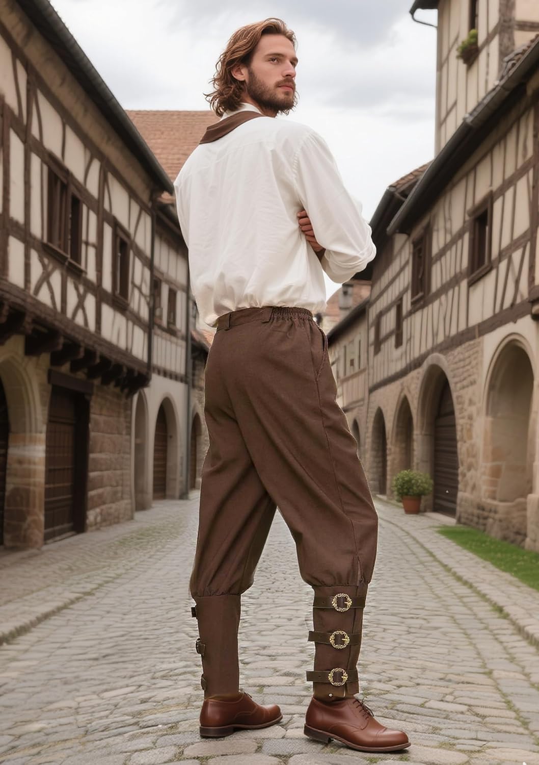 FURPHI Men's Medieval Pirate Pants Renaissance Ankle Pants with Buttons Halloween Linen Costume Trousers - Image 5