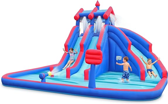 Sunny & Fun Mega Sport Inflatable Water Triple Slide Park for Kids Backyard | Heavy-Duty Oxford Blow-Up Water Park | Climbing Wall, Splash Pool, Air Blower & Carry Bag | Easy Setup & Drainage