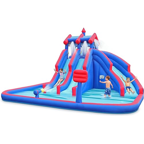 Sunny & Fun Mega Sport Inflatable Water Triple Slide Park – Heavy-Duty for Outdoor Fun - Climbing Wall, 3 Slides & Splash Pool – Easy to Set Up & Inflate with Included Air Pump & Carrying Case