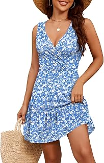 Women's Sexy Tropical Wrap Dress Sleeveless Floral V Neck Mini Sundress | Perfect for vacations, winery tours, wine tasting & resort wear. Empire waist, breathable, drop waist, cotton blend. 2026.