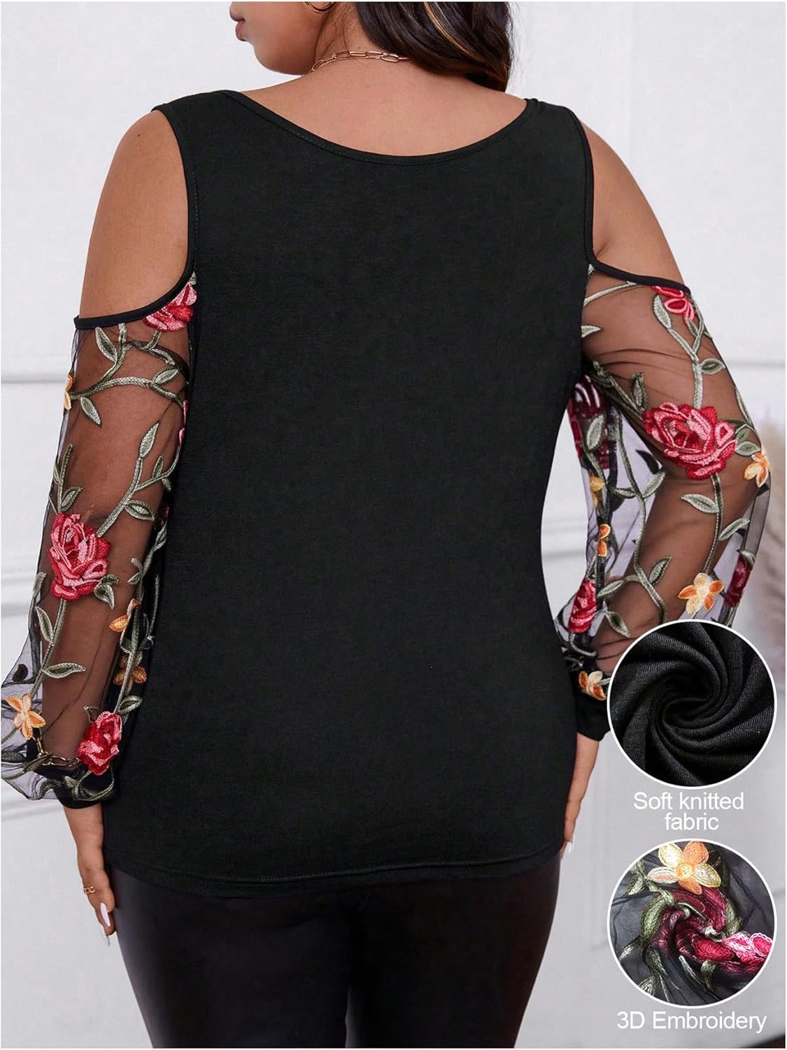 WDIRARA Women's Plus Size Floral Embroidered Tees Sheer Mesh T Shirt Cold Shoulder Long Sleeve Tops - Image 2