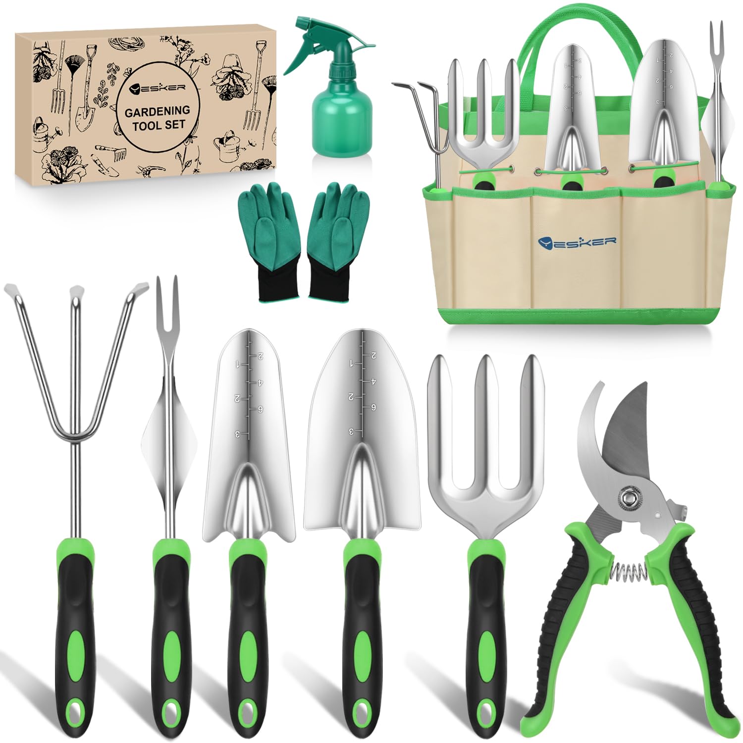 Yesker Juego de herramientas de jardinería de 6 piezas de alta resistencia, suministros de jardinería, regalos para mujeres y hombres, kit de herramientas de mano de jardinería con mango ergonómico