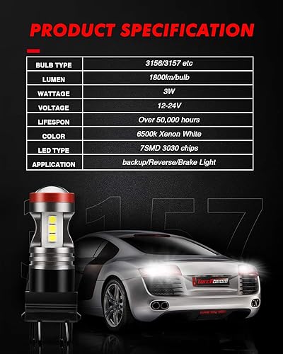 Miniatura 9 de Torchbeam Bombillas LED 3157 para luces de reversa, súper brillantes 3156 4157 3056 3057 4057 3457 bombillas LED para automóvil, 3000 lúmenes, 6000
