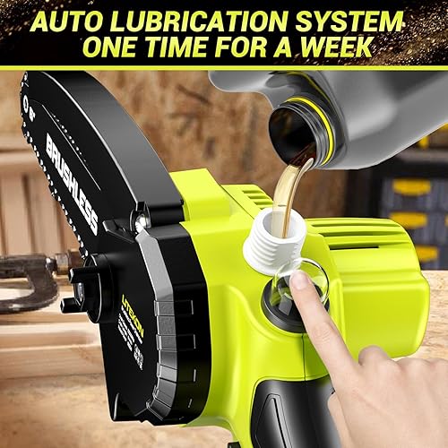 Miniatura 5 de Mini motosierra sin escobillas con motor de alta potencia de 1000 W, motosierra inalámbrica de 36 piesS de 6 pulgadas con sistema de aceite