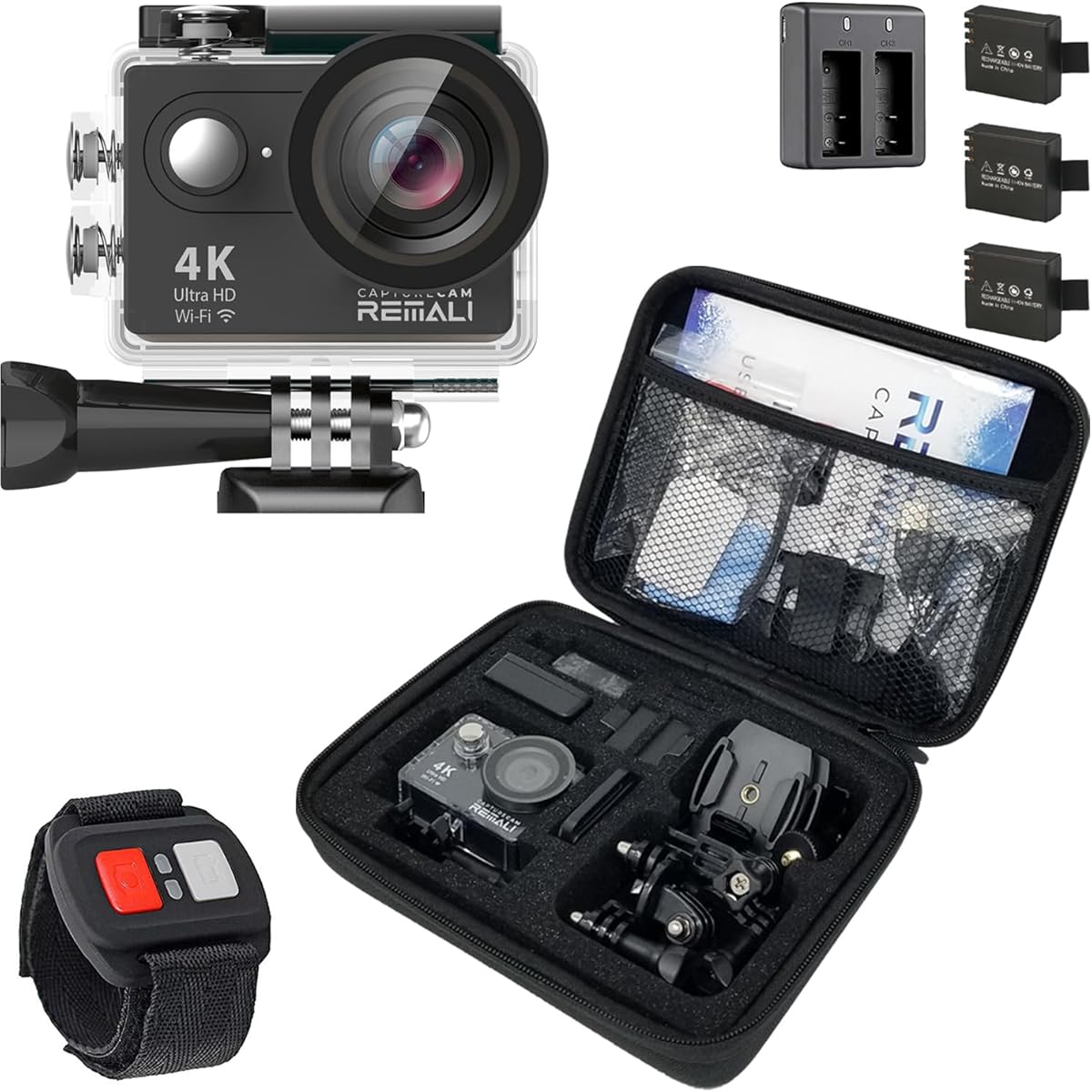 Amazon.com : REMALI CaptureCam 4K60FPS Waterproof Action Camera 21-Piece Complete Kit and 3 Batteries — Amazing Family Sports Camera That Captures Best Moments — Great for Baseball, Fishing & Travel Adventures : Electronics