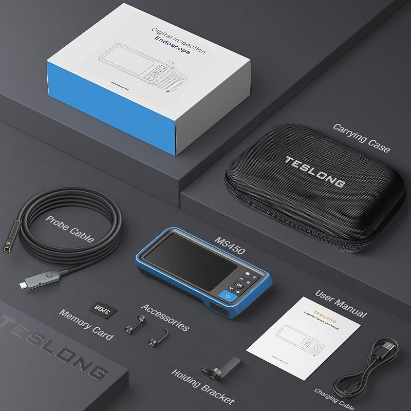 Teslong Ipari Endoszkóp Kamera - Kettős Lencsés Vizsgálókamera 4,5" IPS Kijelzővel, IP67 Vízálló, 5m Kábel, 2500mAh Akkumulátor, 32GB SD Kár