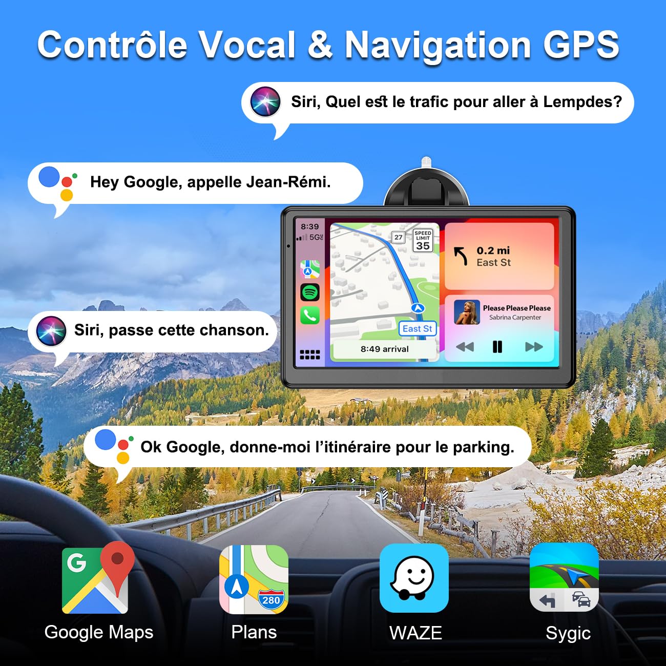 Autoradio sans Fil, CarPlay Voiture & Android Auto, Portable Stéréo de Voiture avec Contrôle Vocal, Navigation GPS, FM, MirrorLink, Bluetooth Appels avec Mains Libres (7" & Caméra de Recul)