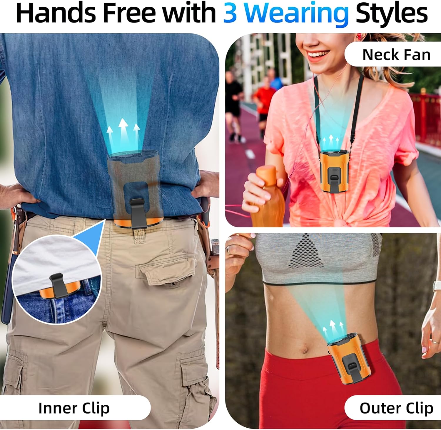 Picozon Portable Smart AI Fan, 9000 RPM Strong Airflow, Rechargeable 4 Speeds Hands-free Wearable Waist Clip Necklace Fan with 20H Non-Stop Cooling System for Outdoor, Hiking Jobsite Camping - Orange