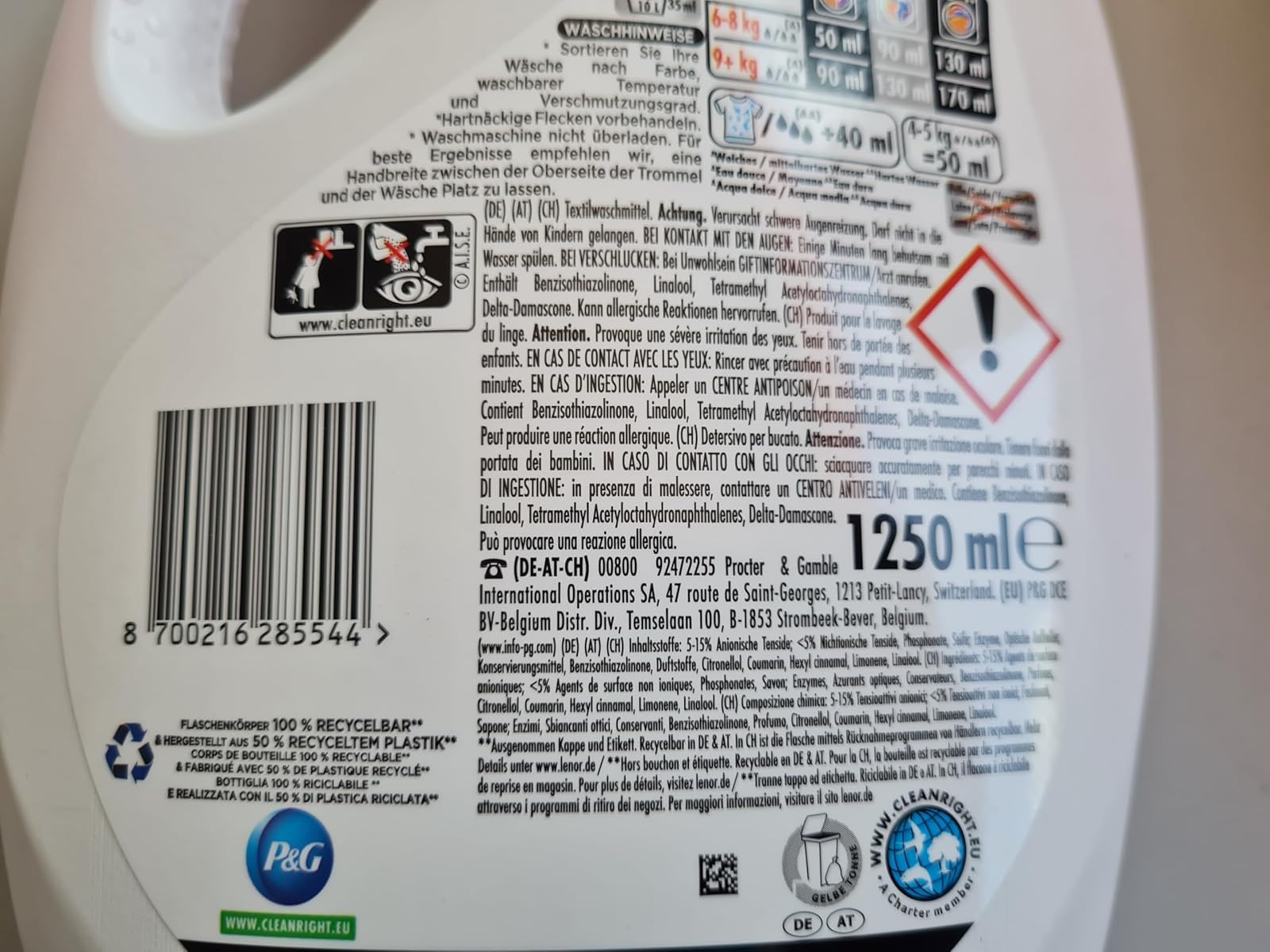 Pack de 4 – Detergente líquido Lenor – Azahar y melocotón – 1250 ml/25 lavados