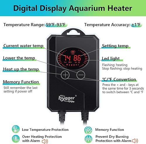Miniatura 2 de hygger Calentador de acuario, calentador sumergible de pecera de 500 W con controlador LED digital, función de memoria, apagado automático y