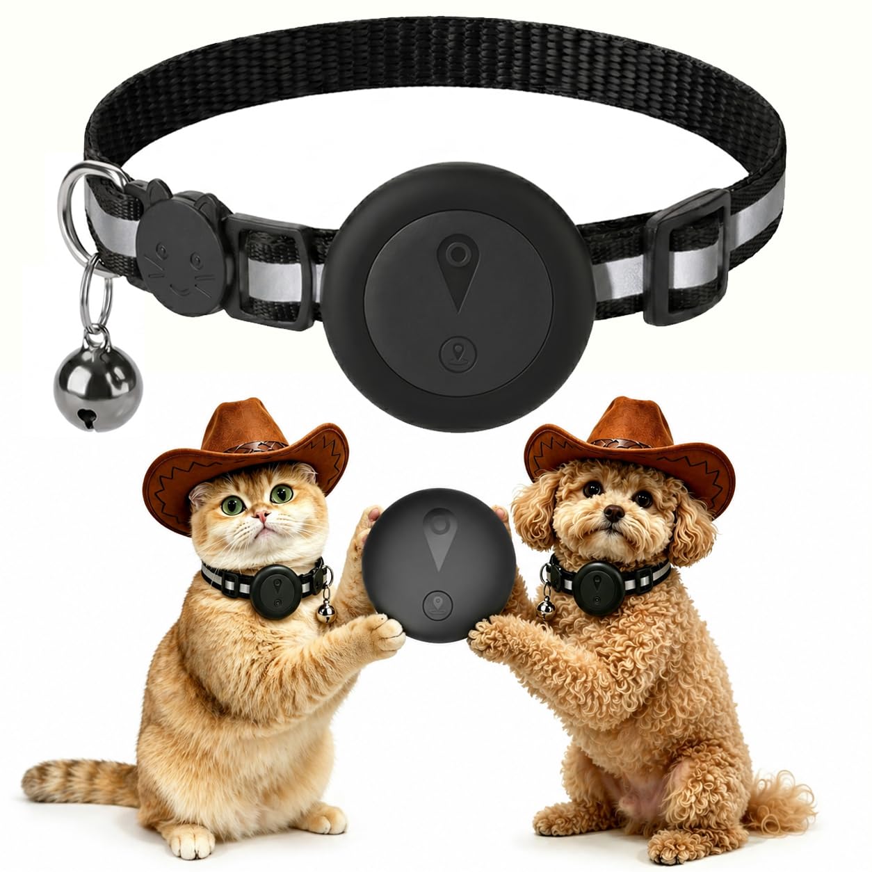 Collare GPS Gatto 2 in 1,Collare GPS per Cani Riflettente,Tracker per Cani Senza Abbonamento,Compatibile con iOS/Android,Collare Regolabile con Campanellino,Adatto a Cane di Piccola Taglia/Gatti-Nero