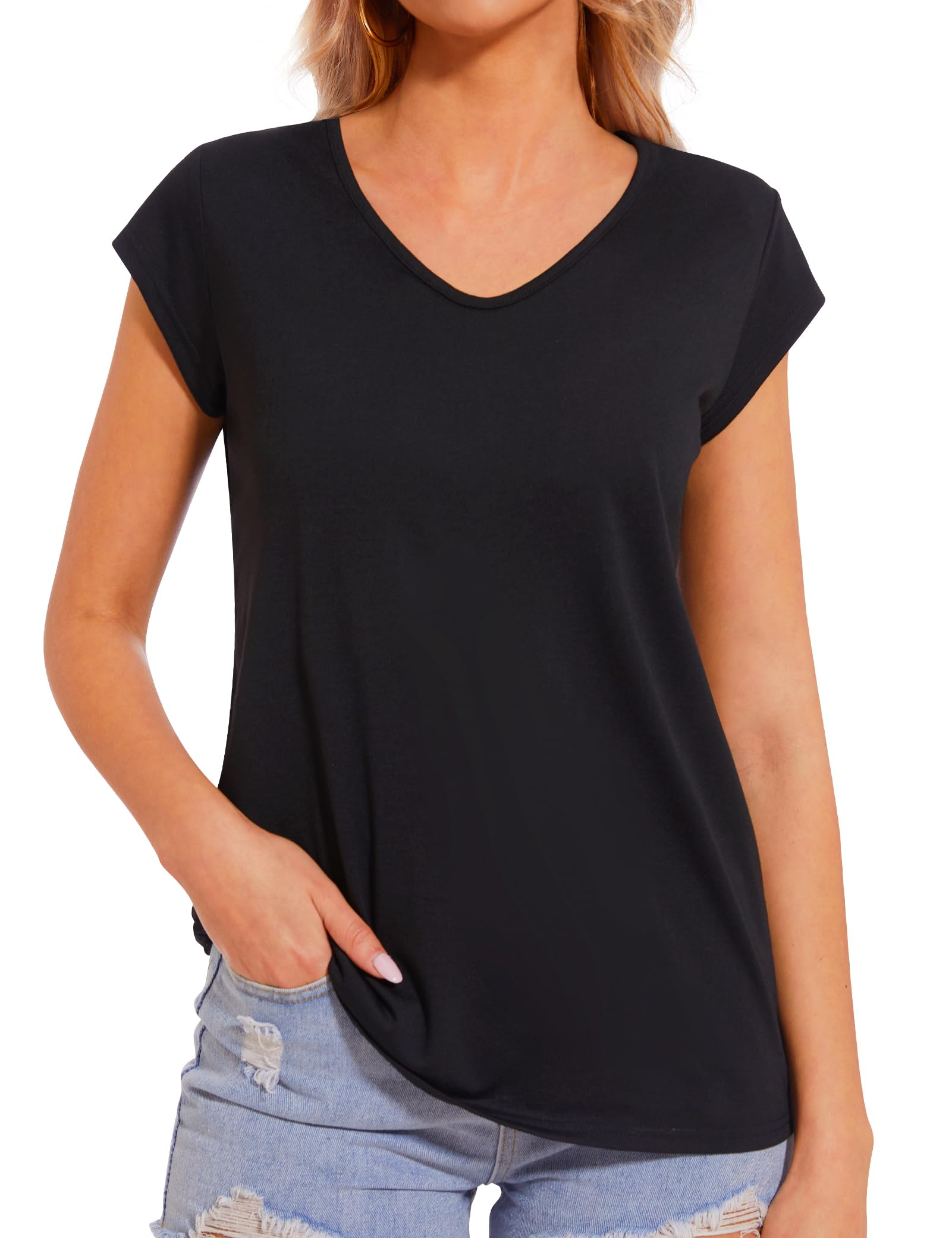MELLIEX Camiseta para Mujer, Verano Basicas V-Neck Manga Corta T-Shirt Casual Camiseta Negra Mujer