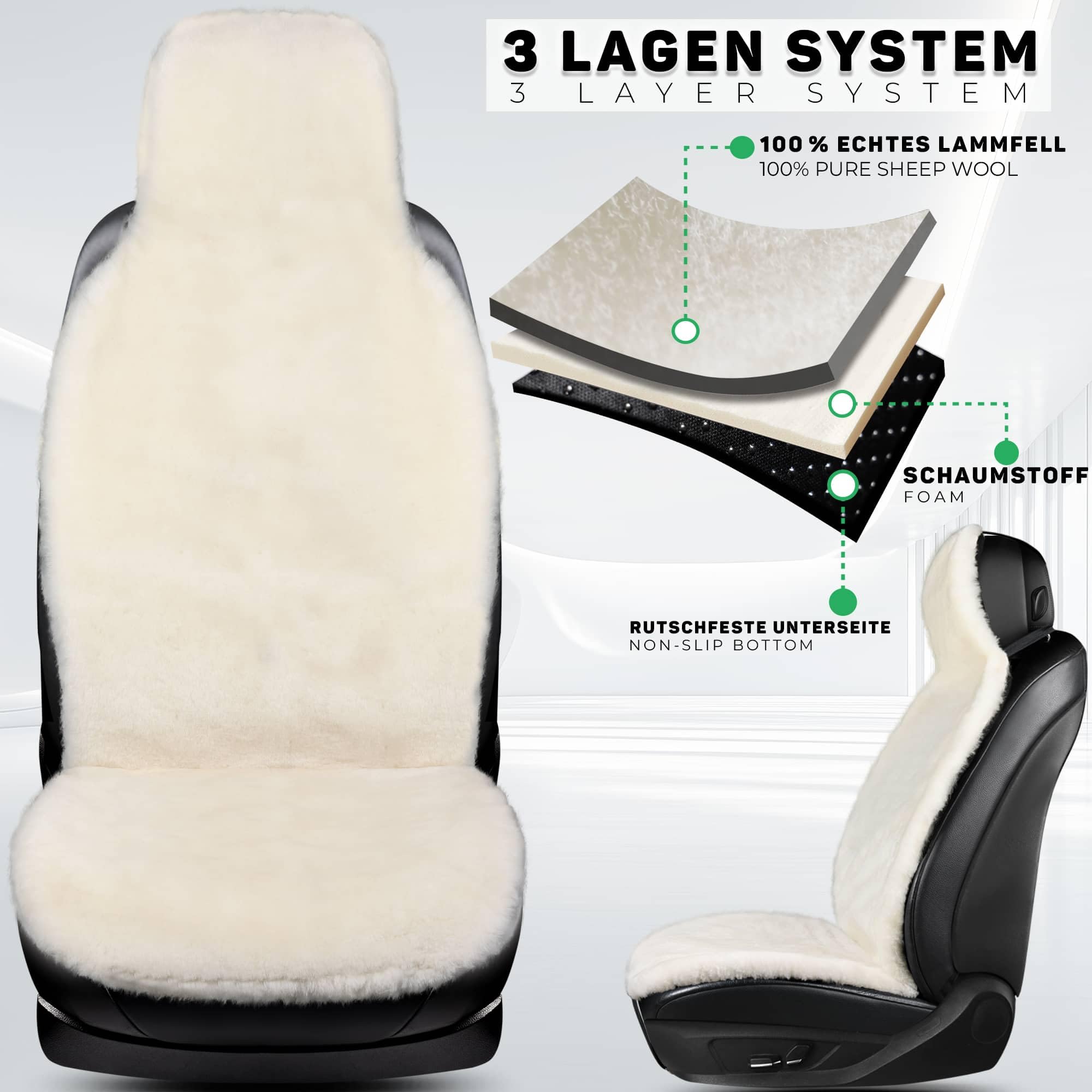 BREMER SITZBEZÜGE Universal Lammfell Sitzauflage Autositz, Echtfell Sitzbezug für Auto, Atmungsaktiver Autositzschoner in Beige, Universal passend für Wohnmobil PKW SUV Van Fahrer oder Beifahrer