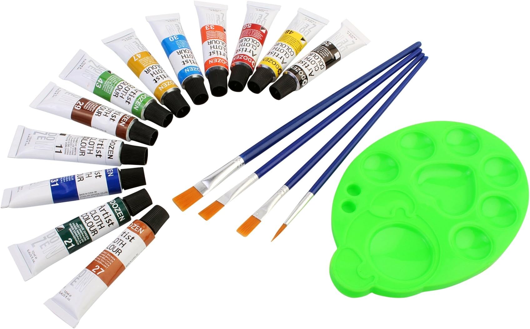DOZEN Artist Quality 12ml Fabric Color Tubes Set with 4 Paint Brushes & Palette, 12 Colors Set