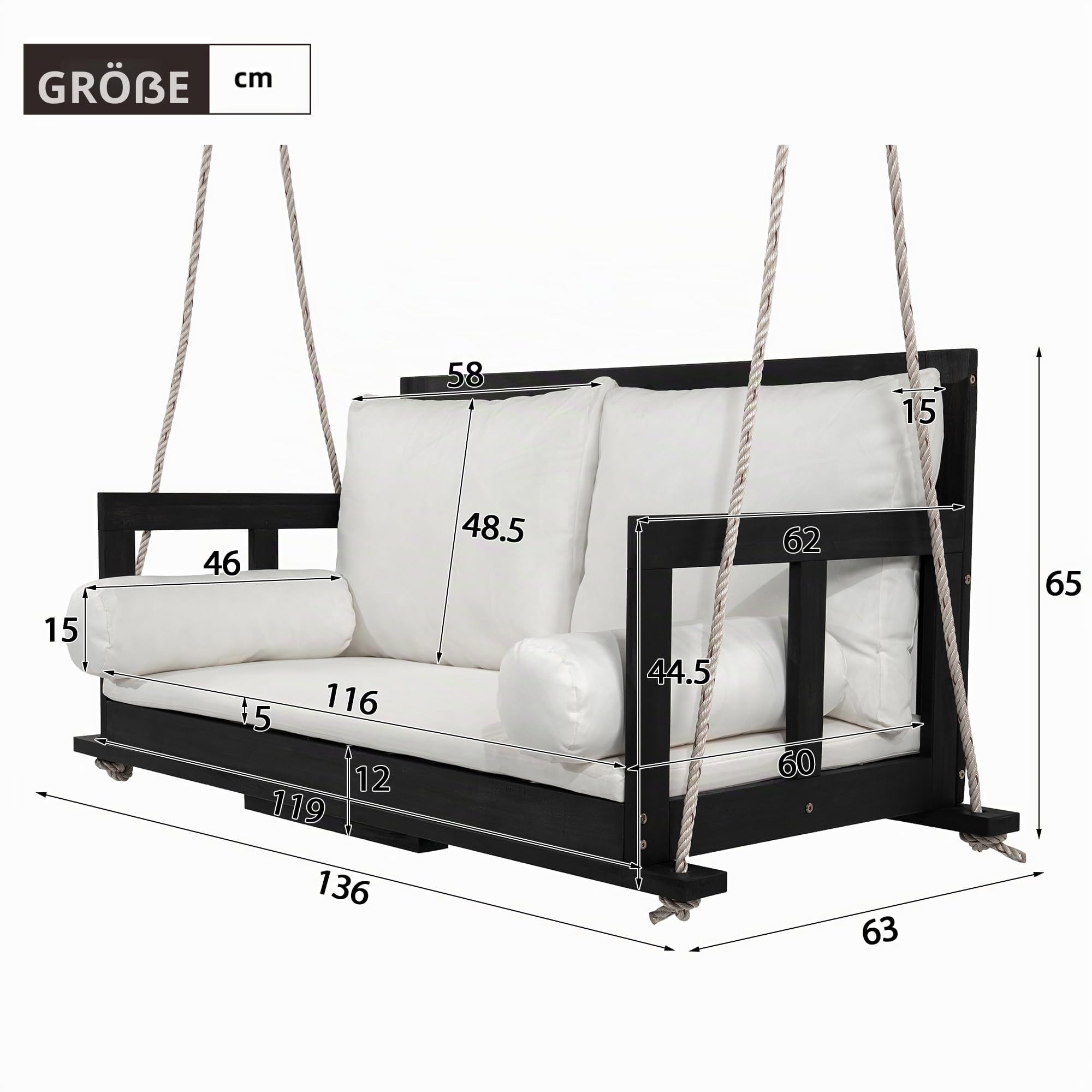Schaukel-Doppelsitz, Hängeschaukel für den Garten im Freien, Inklusive Kissen und Zwei Seilen, Gestell Nicht enthalten. Das Kissen ist abnehmbar und waschbar. Aus Akazienholz (schwarz+beige)