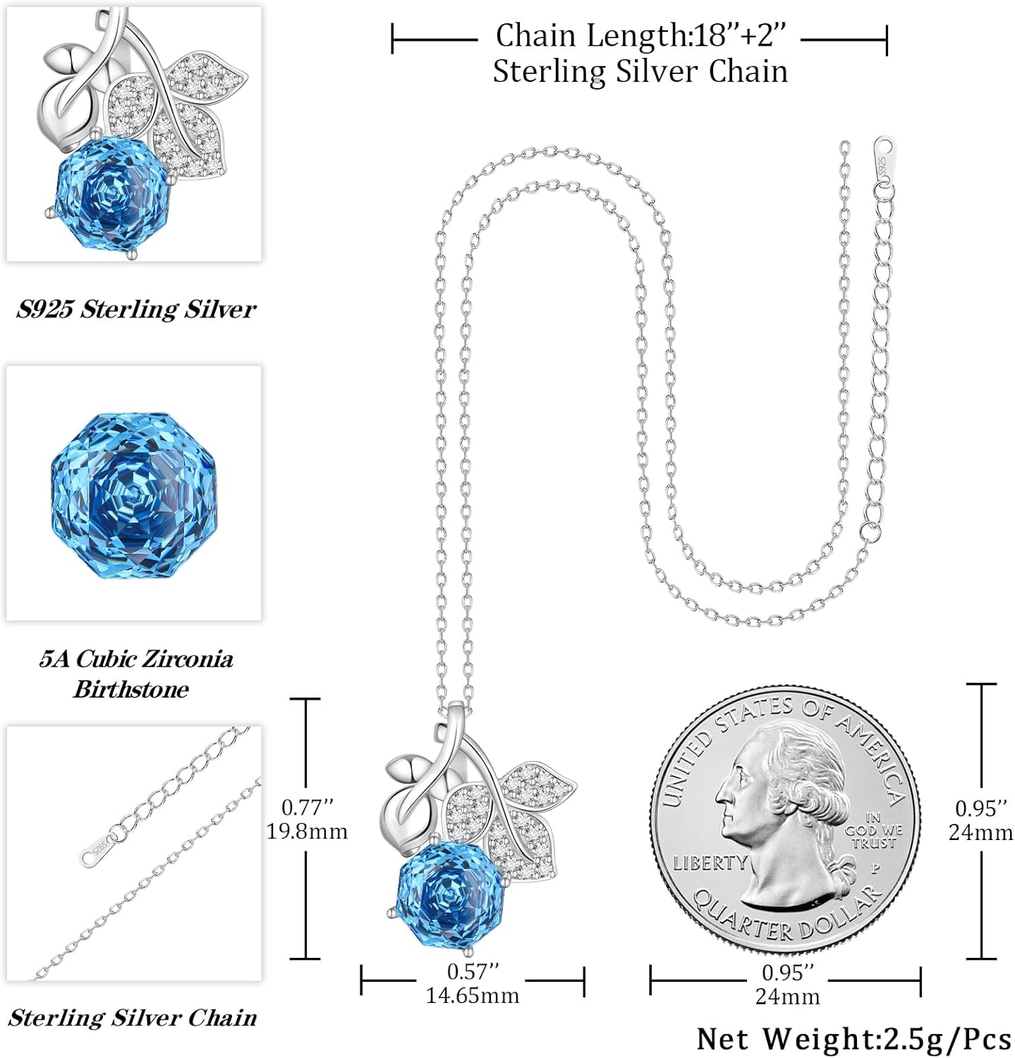 Aurora Tears Birthstone Rose Pendant Necklace - 925 Sterling Silver Rose Cut Cubic Zirconia Flower Leaf Necklace Anniversary Birthday Jewelry Gift for Women Wife Mom Daughter - Image 4